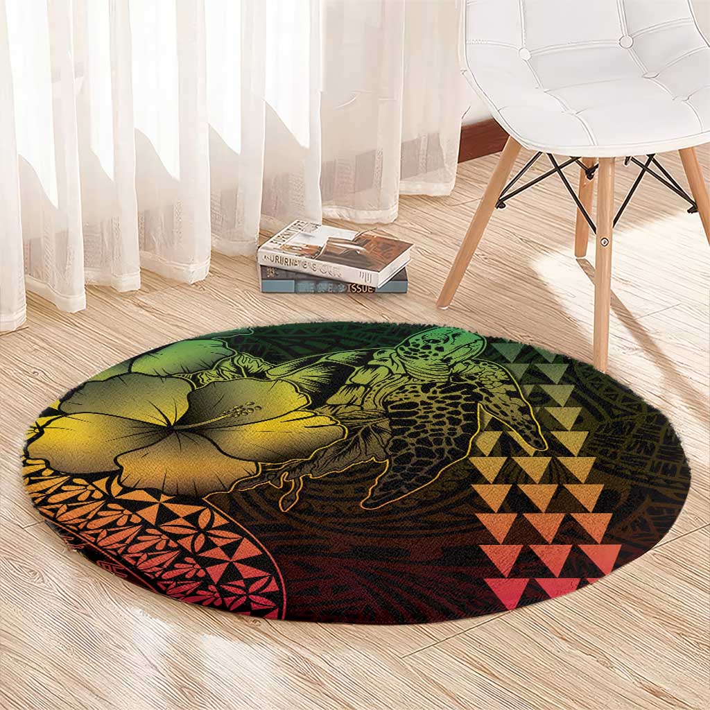 Hawaiian Sea Turtle Round Carpet Reggae Hibiscus Flowers and Kakau Pattern LT9 - Polynesian Pride