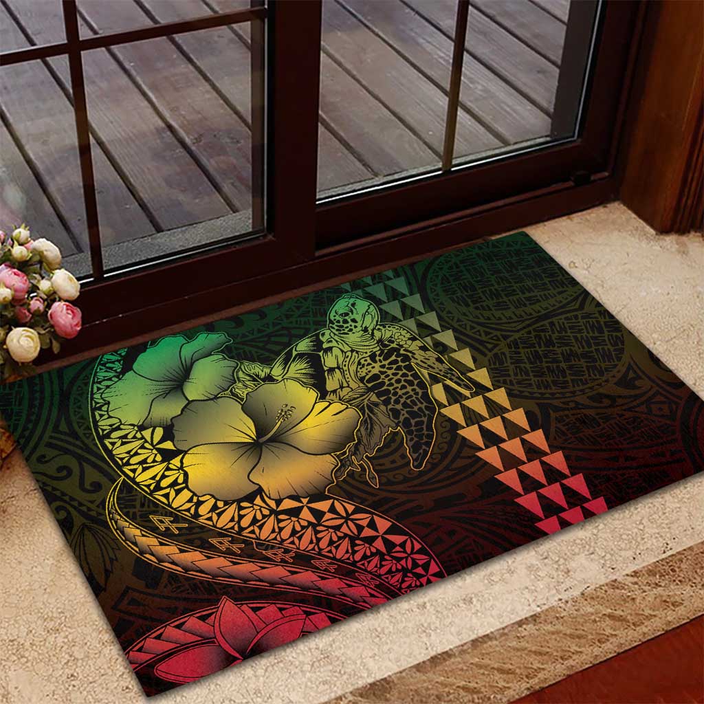 Hawaiian Sea Turtle Rubber Doormat Reggae Hibiscus Flowers and Kakau Pattern LT9 - Polynesian Pride