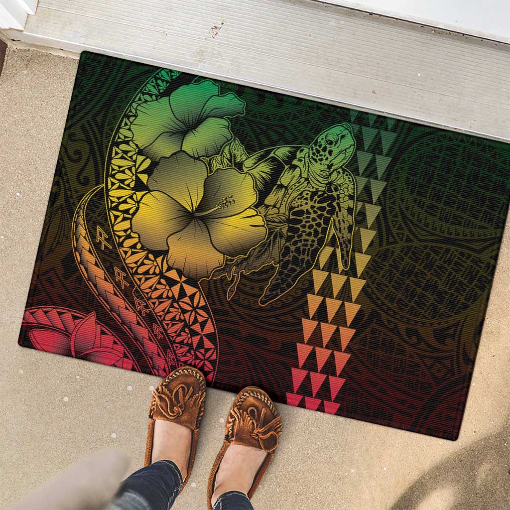 Hawaiian Sea Turtle Rubber Doormat Reggae Hibiscus Flowers and Kakau Pattern LT9 - Polynesian Pride