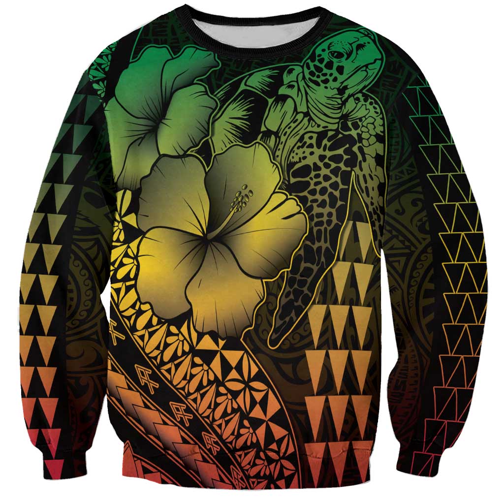 Hawaiian Sea Turtle Sweatshirt Reggae Hibiscus Flowers and Kakau Pattern LT9 Unisex Reggae - Polynesian Pride
