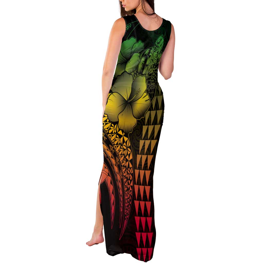 Hawaiian Sea Turtle Tank Maxi Dress Reggae Hibiscus Flowers and Kakau Pattern LT9 - Polynesian Pride