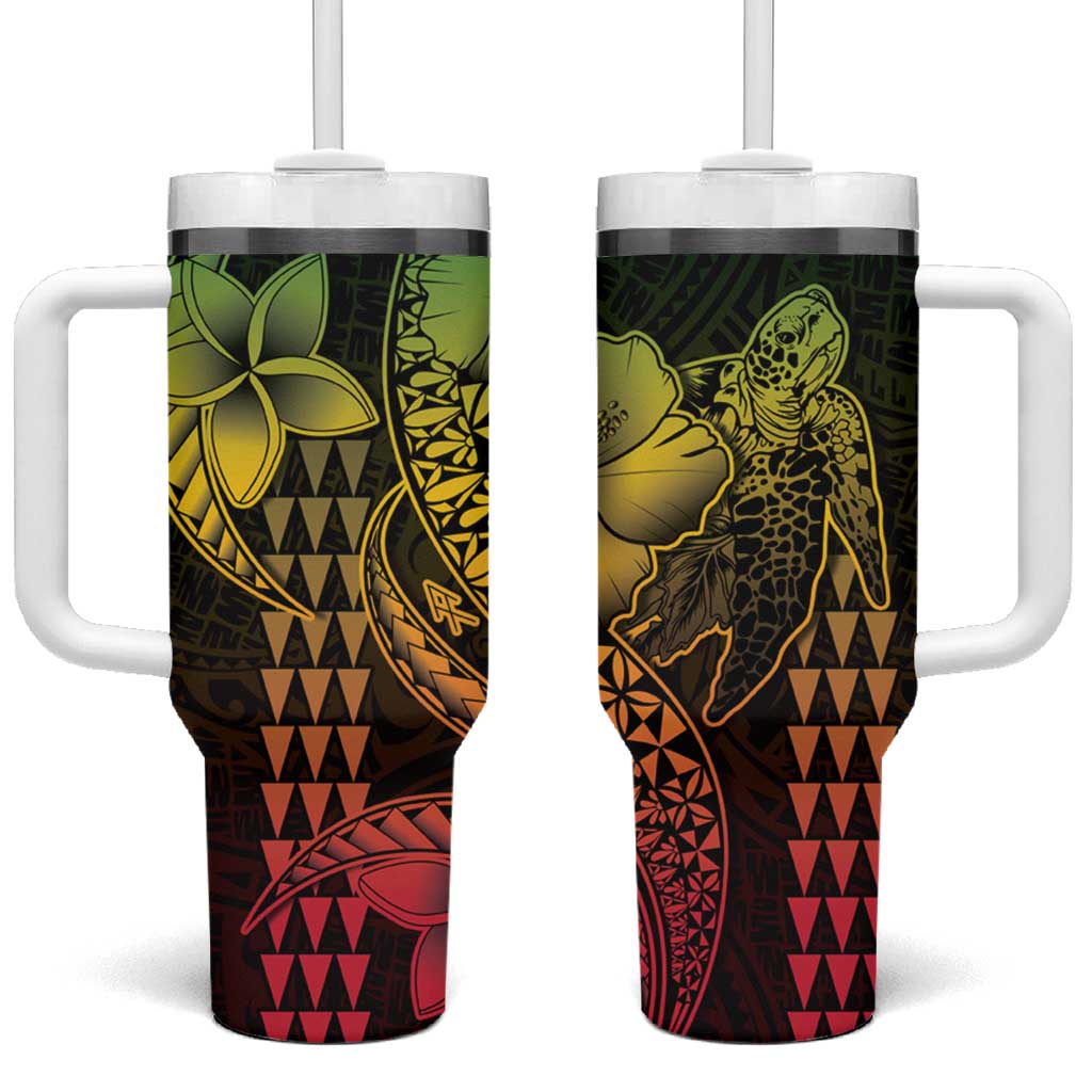 Hawaiian Sea Turtle Tumbler With Handle Reggae Hibiscus Flowers and Kakau Pattern LT9 One Size: 40 oz Reggae - Polynesian Pride