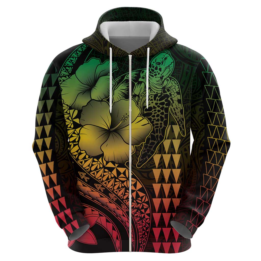Hawaiian Sea Turtle Zip Hoodie Reggae Hibiscus Flowers and Kakau Pattern LT9 - Polynesian Pride