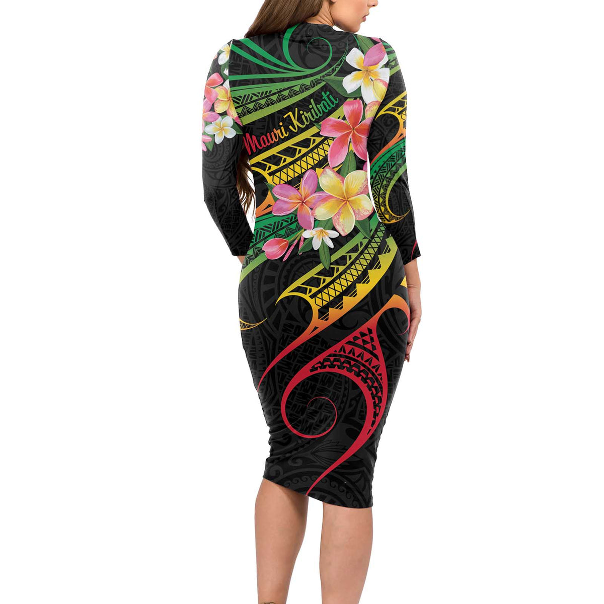 Kiribati Red Jasmine Mango Long Sleeve Bodycon Dress Reggae Polynesian Art Vibe LT9 - Polynesian Pride