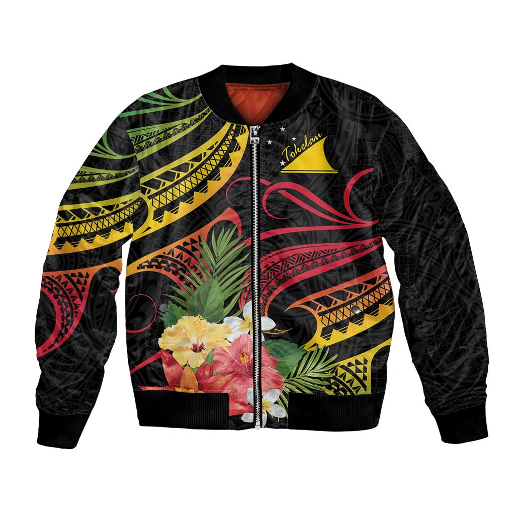 Personalised Tokelau Tropical Flowers Bomber Jacket Reggae Polynesian Art Vibe