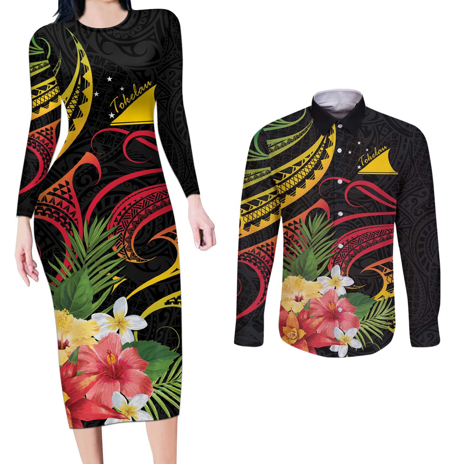 Personalised Tokelau Tropical Flowers Couples Matching Long Sleeve Bodycon Dress and Long Sleeve Button Shirt Reggae Polynesian Art Vibe