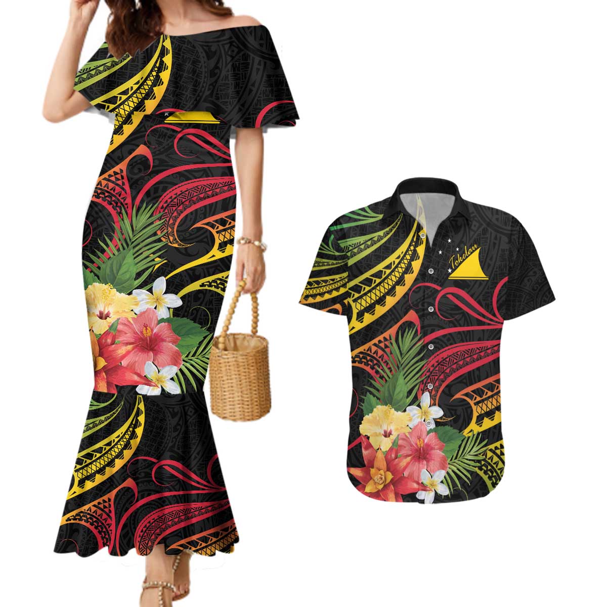 Personalised Tokelau Tropical Flowers Couples Matching Mermaid Dress and Hawaiian Shirt Reggae Polynesian Art Vibe