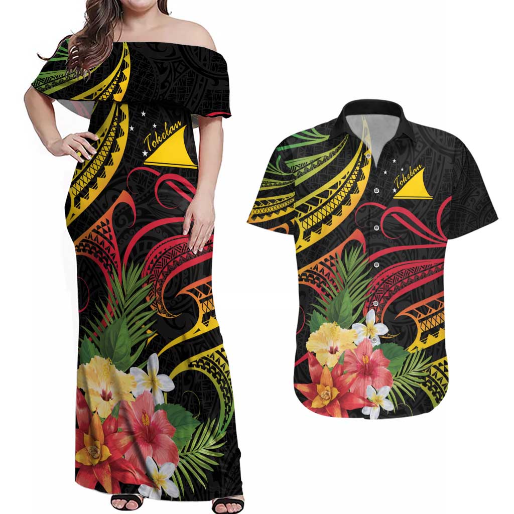 Personalised Tokelau Tropical Flowers Couples Matching Off Shoulder Maxi Dress and Hawaiian Shirt Reggae Polynesian Art Vibe