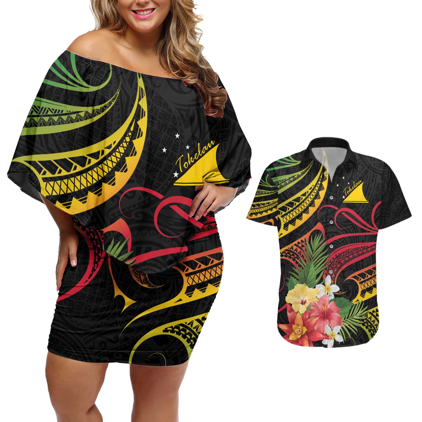 Personalised Tokelau Tropical Flowers Couples Matching Off Shoulder Short Dress and Hawaiian Shirt Reggae Polynesian Art Vibe