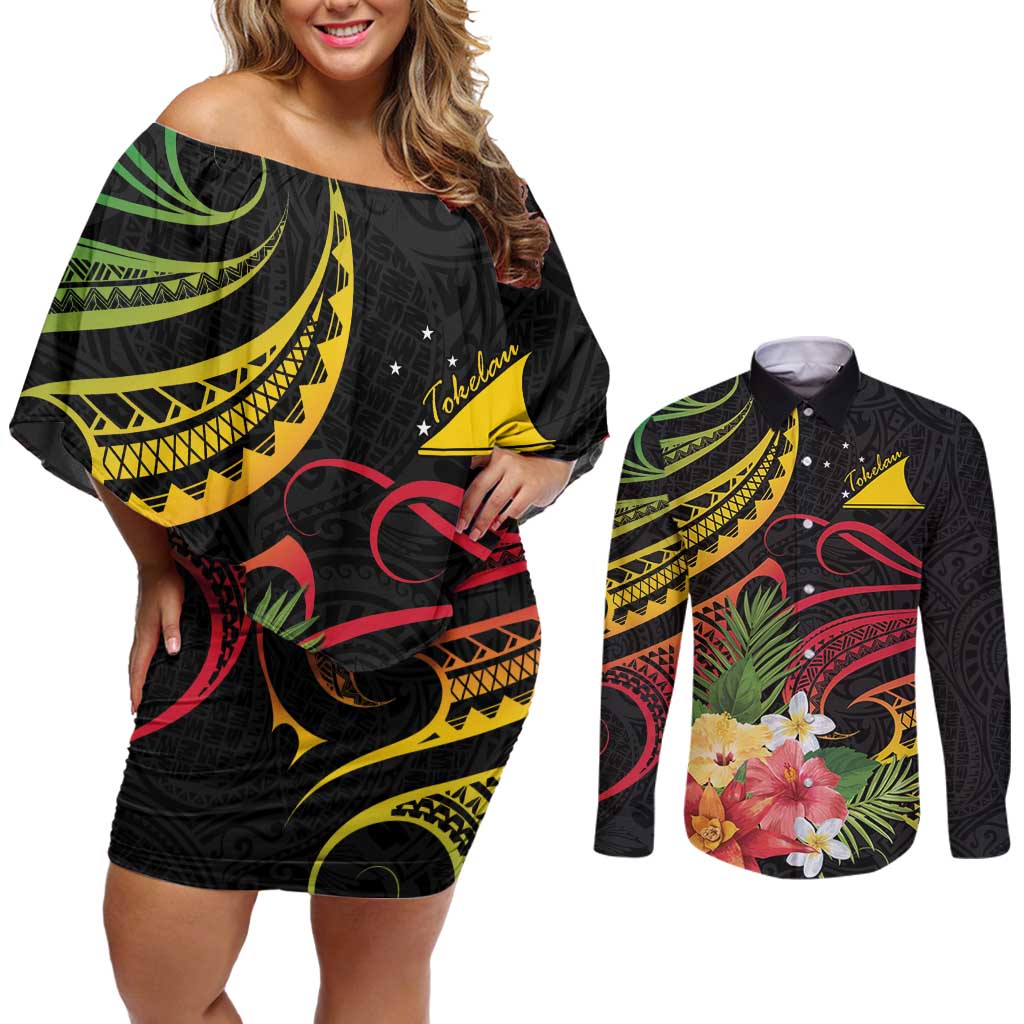 Personalised Tokelau Tropical Flowers Couples Matching Off Shoulder Short Dress and Long Sleeve Button Shirt Reggae Polynesian Art Vibe