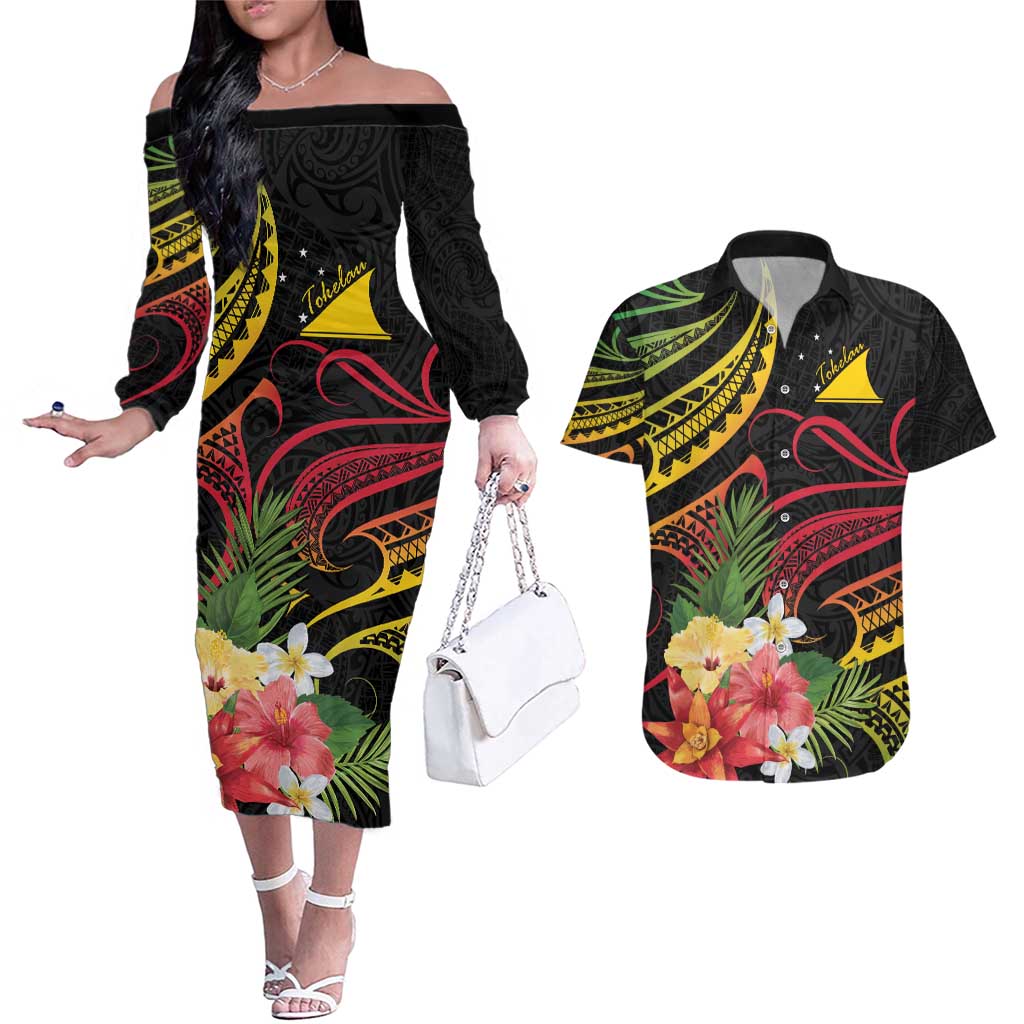 Personalised Tokelau Tropical Flowers Couples Matching Off The Shoulder Long Sleeve Dress and Hawaiian Shirt Reggae Polynesian Art Vibe