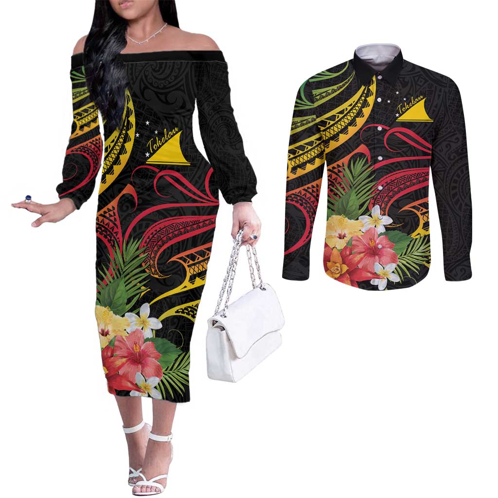 Personalised Tokelau Tropical Flowers Couples Matching Off The Shoulder Long Sleeve Dress and Long Sleeve Button Shirt Reggae Polynesian Art Vibe