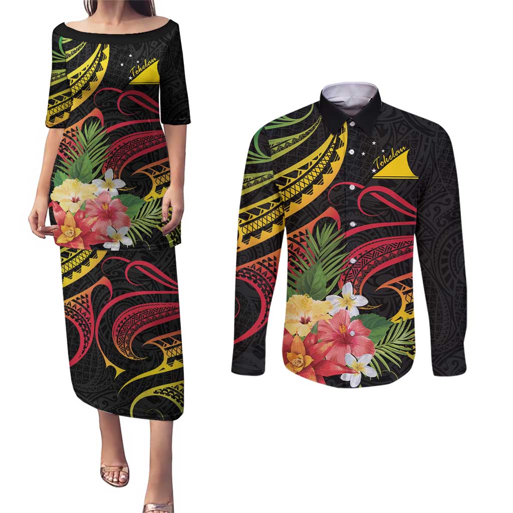 Personalised Tokelau Tropical Flowers Couples Matching Puletasi and Long Sleeve Button Shirt Reggae Polynesian Art Vibe