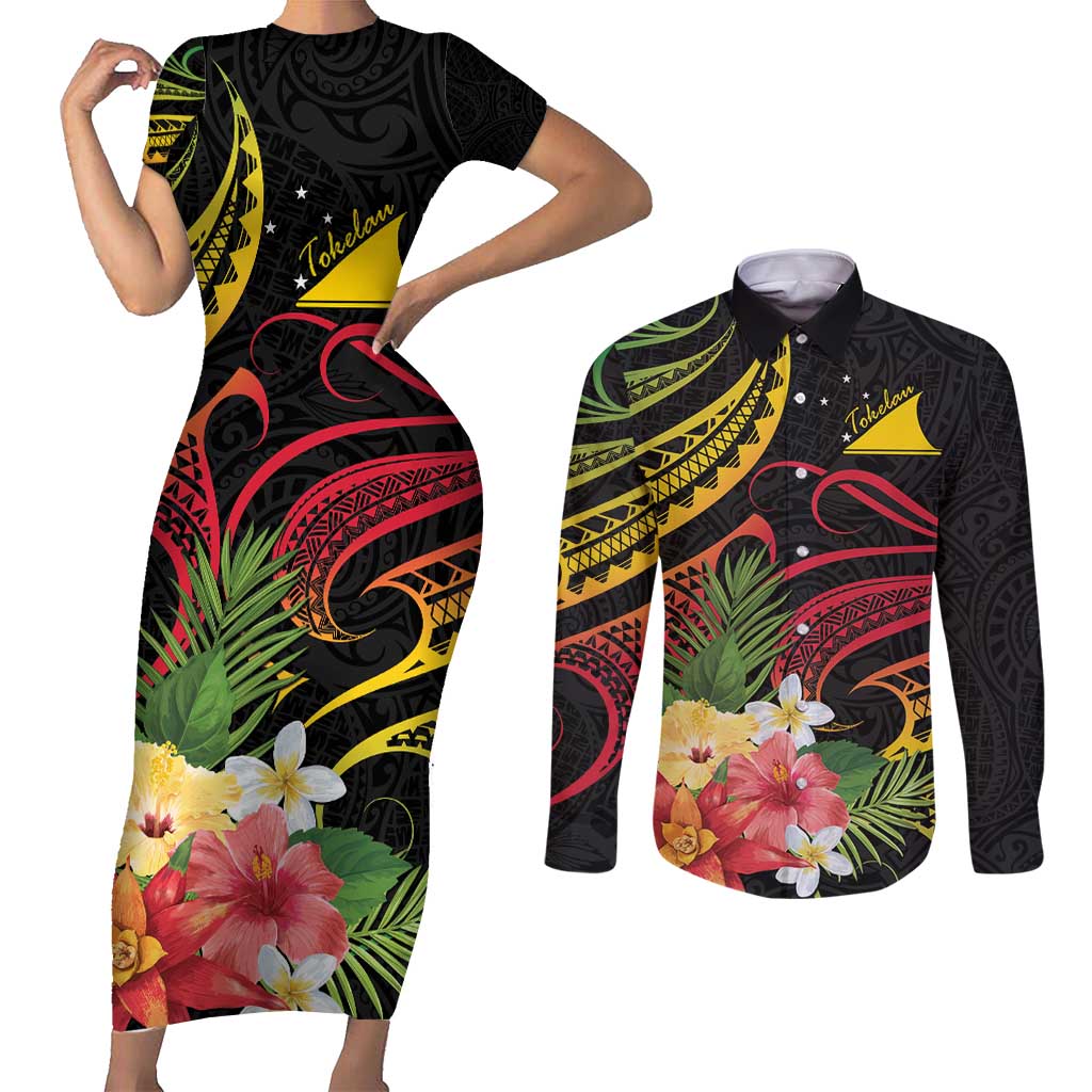 Personalised Tokelau Tropical Flowers Couples Matching Short Sleeve Bodycon Dress and Long Sleeve Button Shirt Reggae Polynesian Art Vibe