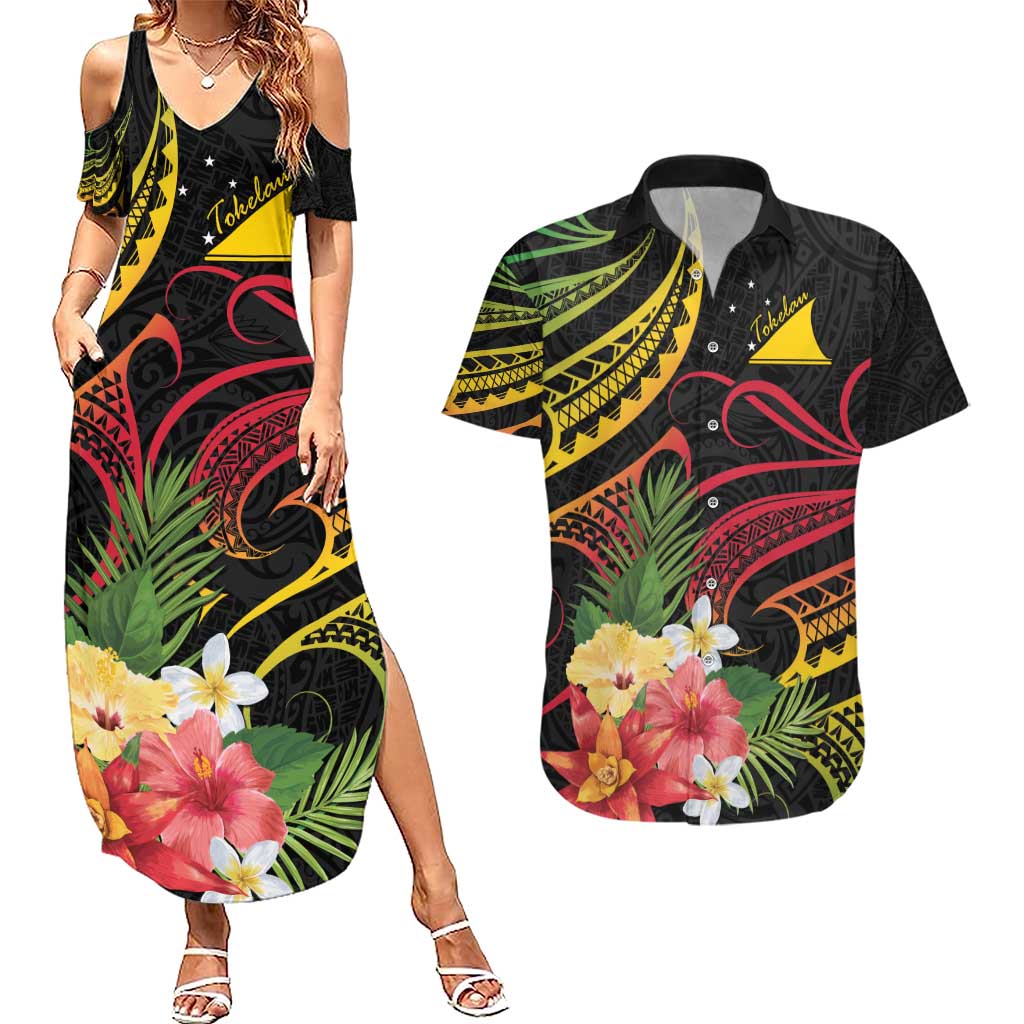 Personalised Tokelau Tropical Flowers Couples Matching Summer Maxi Dress and Hawaiian Shirt Reggae Polynesian Art Vibe