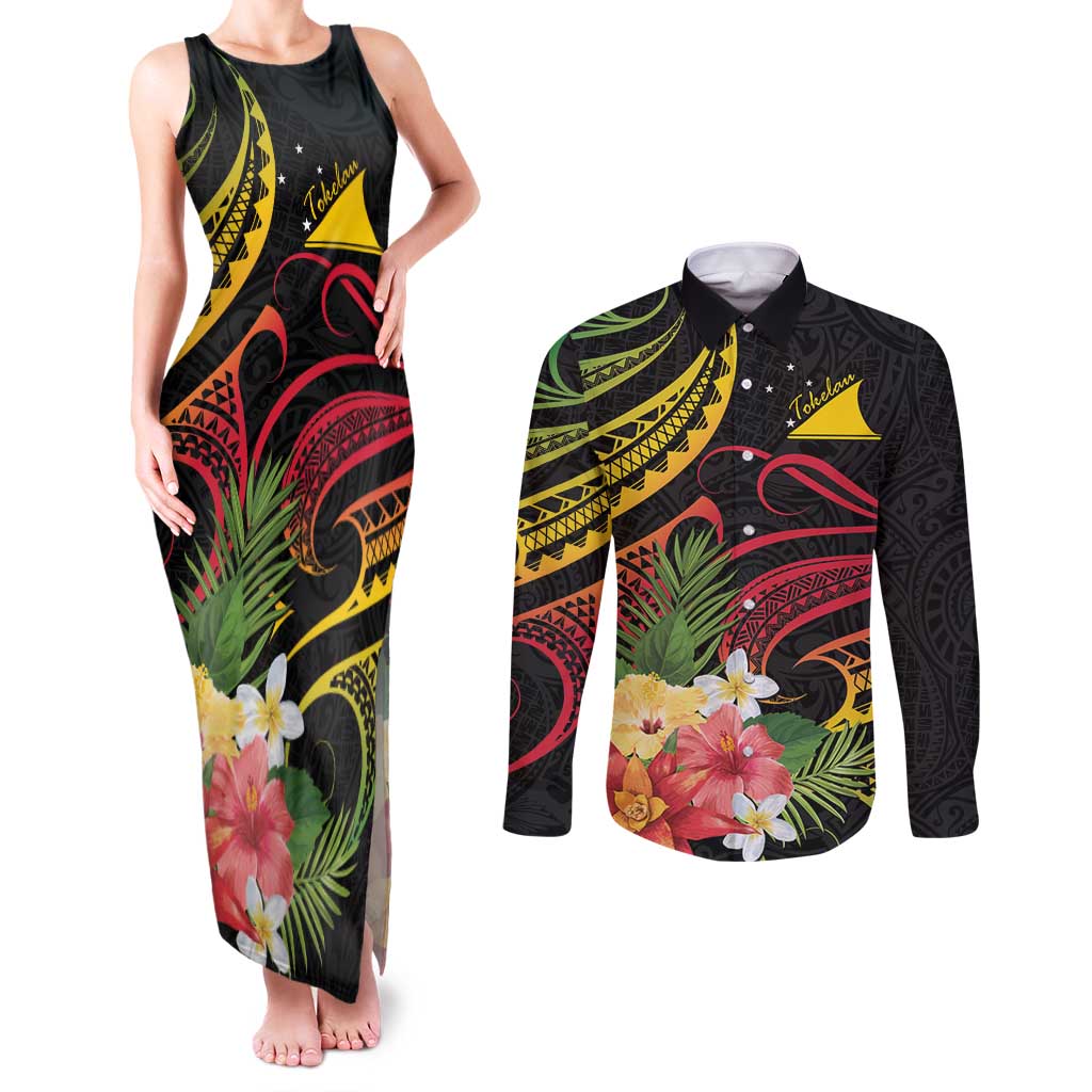 Personalised Tokelau Tropical Flowers Couples Matching Tank Maxi Dress and Long Sleeve Button Shirt Reggae Polynesian Art Vibe