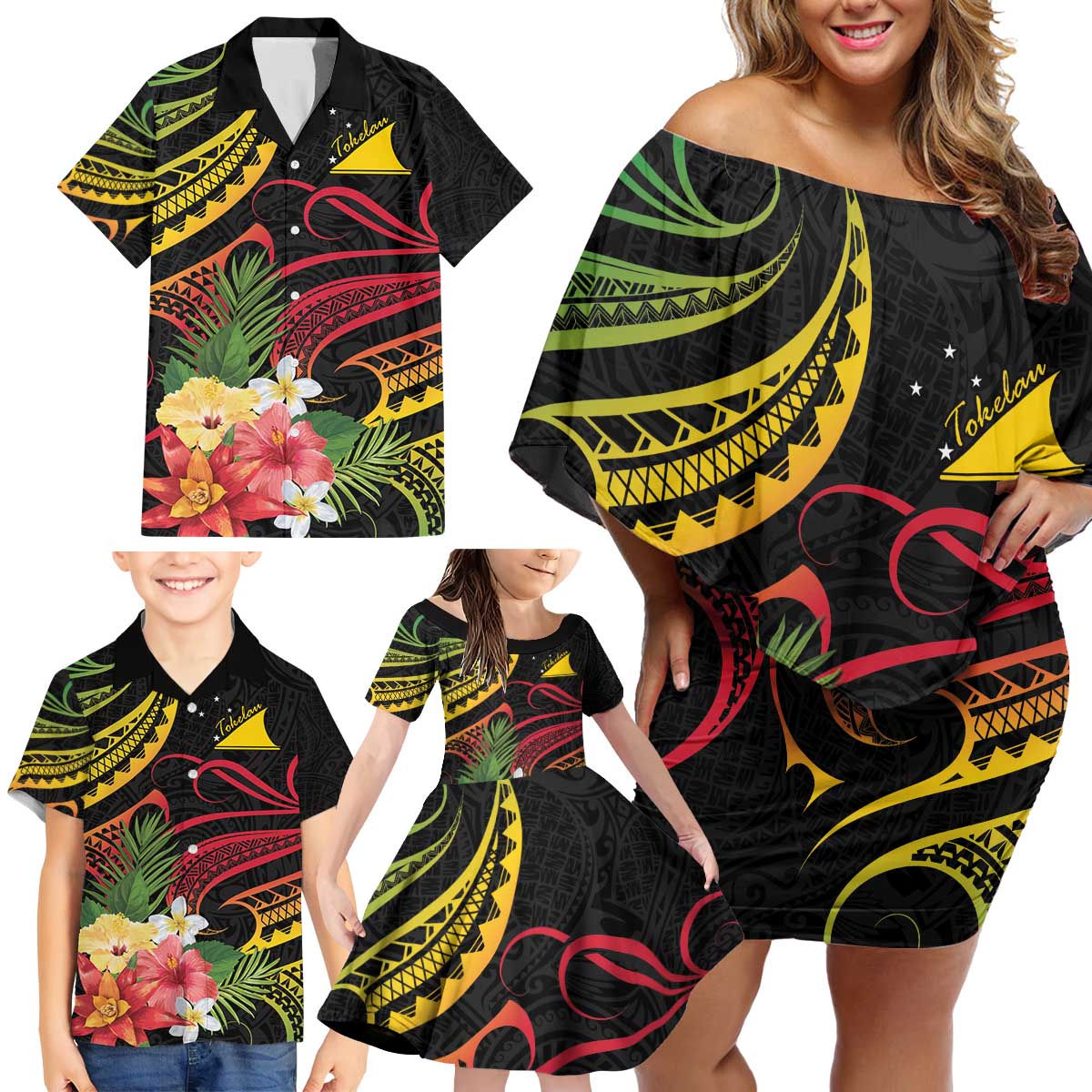 Personalised Tokelau Tropical Flowers Family Matching Off Shoulder Short Dress and Hawaiian Shirt Reggae Polynesian Art Vibe