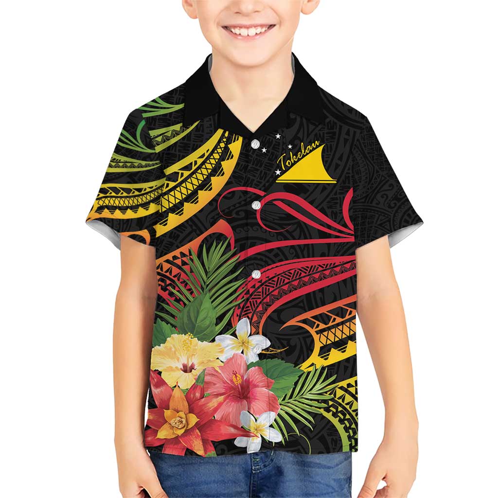 Personalised Tokelau Tropical Flowers Kid Hawaiian Shirt Reggae Polynesian Art Vibe