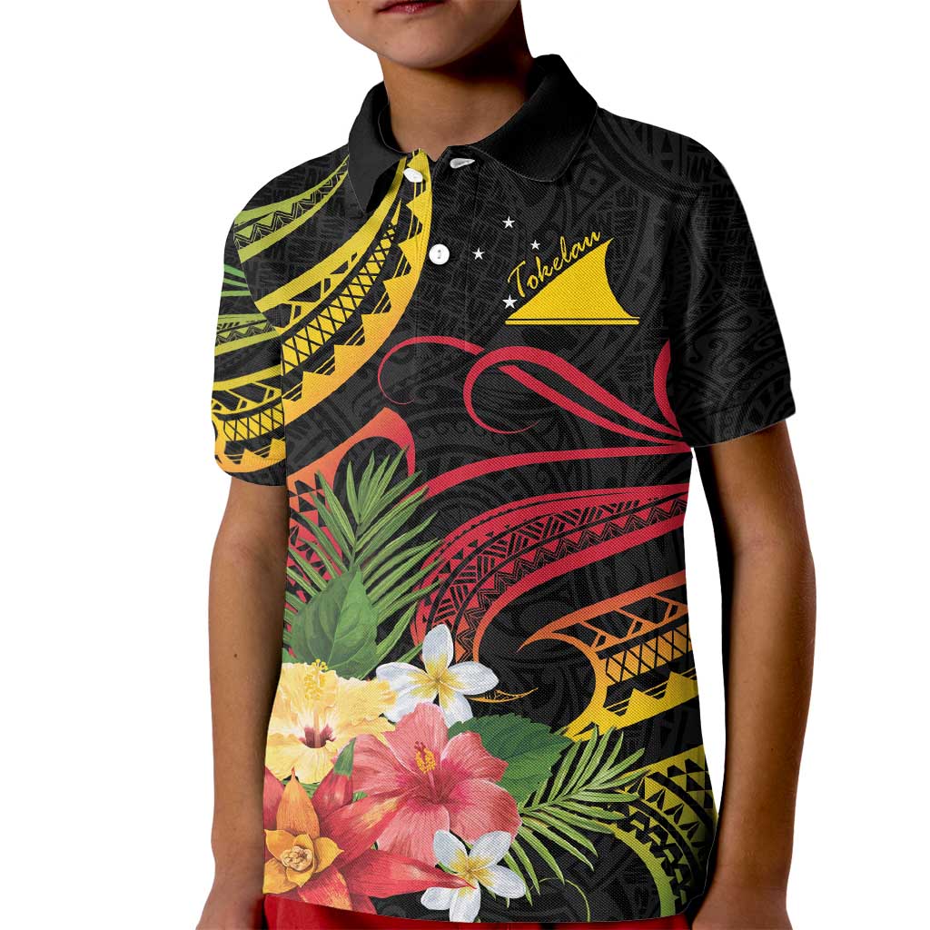 Personalised Tokelau Tropical Flowers Kid Polo Shirt Reggae Polynesian Art Vibe