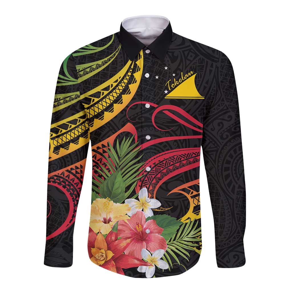 Personalised Tokelau Tropical Flowers Long Sleeve Button Shirt Reggae Polynesian Art Vibe LT9 Unisex Reggae - Polynesian Pride