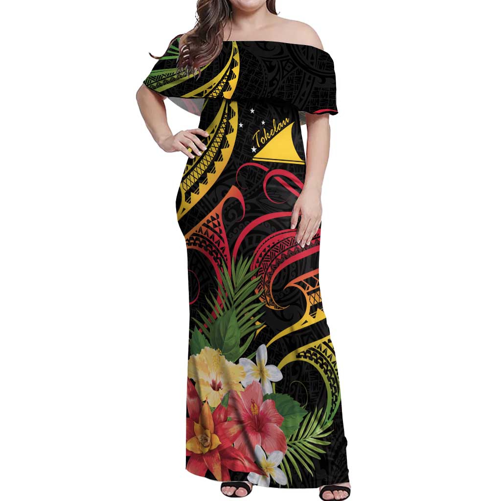 Personalised Tokelau Tropical Flowers Off Shoulder Maxi Dress Reggae Polynesian Art Vibe