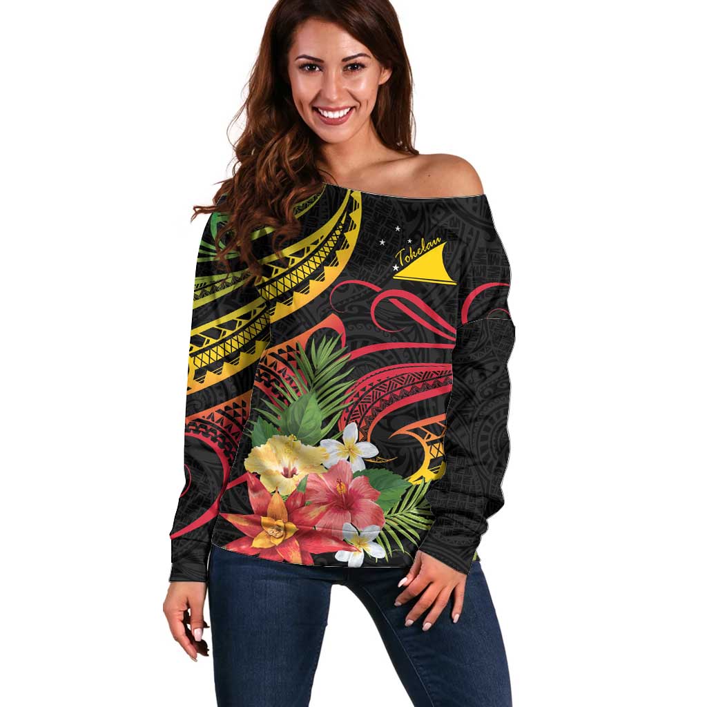 Personalised Tokelau Tropical Flowers Off Shoulder Sweater Reggae Polynesian Art Vibe