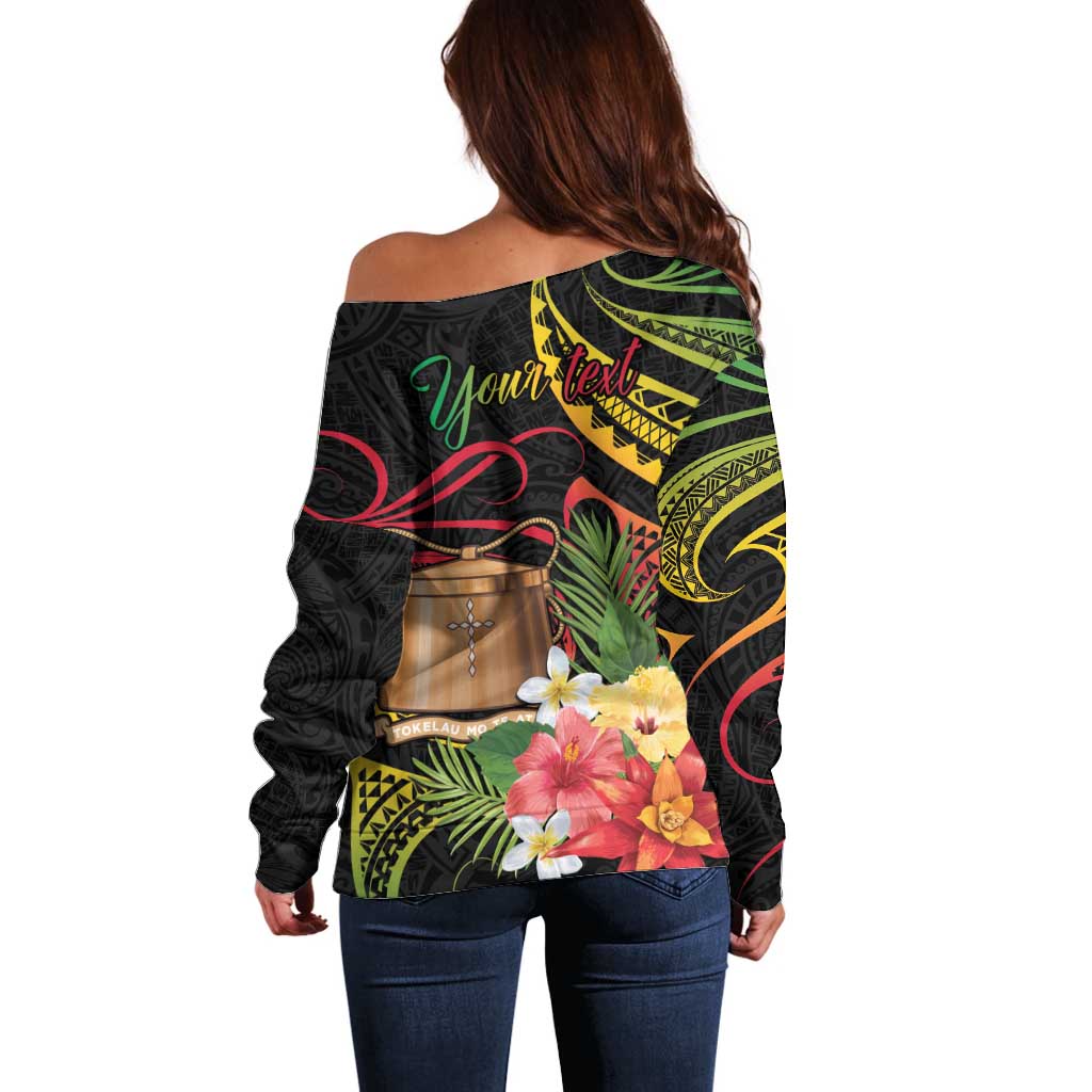 Personalised Tokelau Tropical Flowers Off Shoulder Sweater Reggae Polynesian Art Vibe LT9 - Polynesian Pride