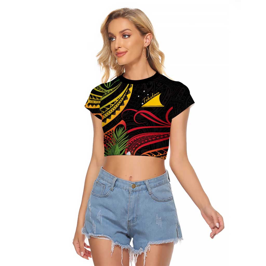 Personalised Tokelau Tropical Flowers Raglan Cropped T Shirt Reggae Polynesian Art Vibe