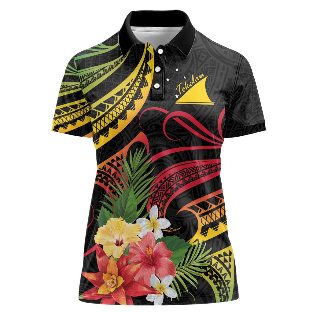 Personalised Tokelau Tropical Flowers Women Polo Shirt Reggae Polynesian Art Vibe