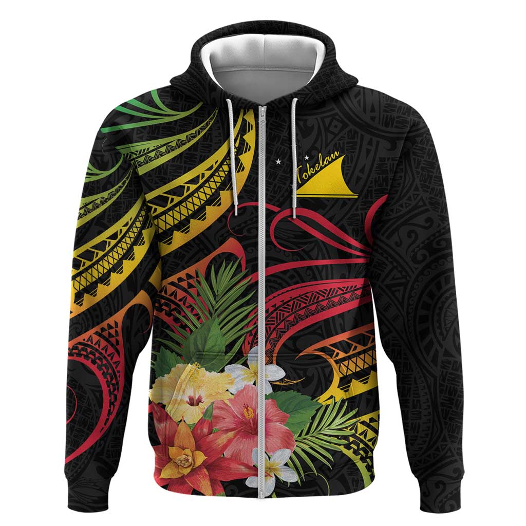 Personalised Tokelau Tropical Flowers Zip Hoodie Reggae Polynesian Art Vibe