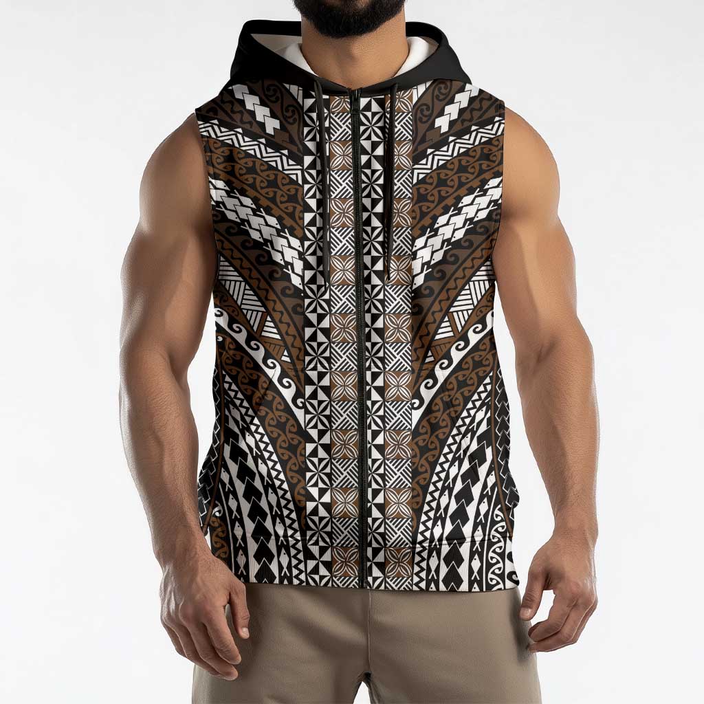 Brown Tongan Polynesian Tribal Sleeveless Zip Hoodie LT9 - Polynesian Pride