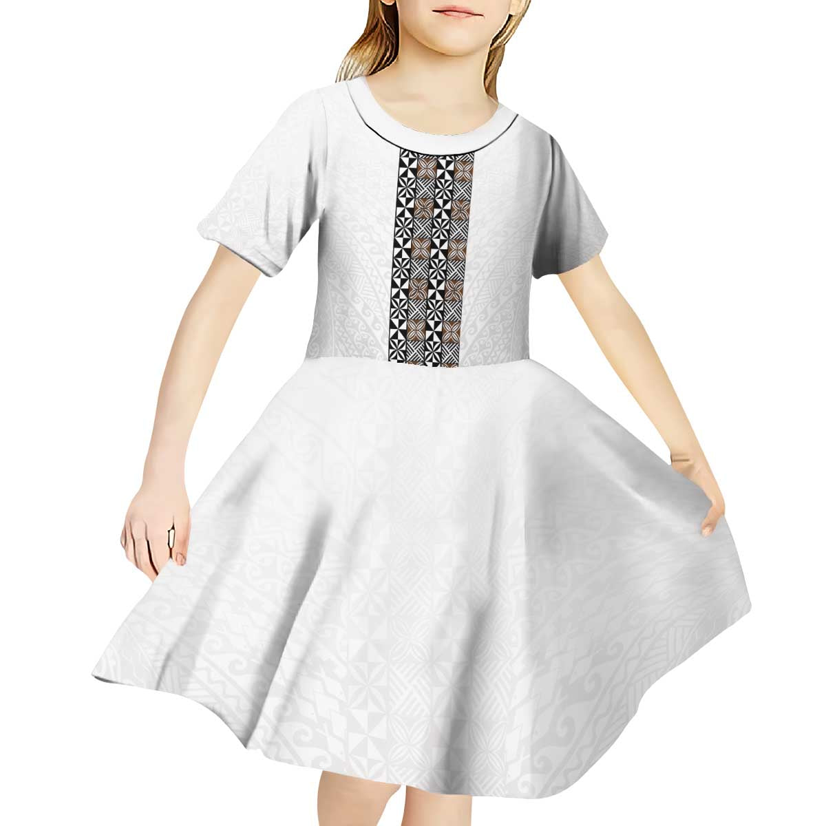 Light Gray Tongan Polynesian Tribal Kid Short Sleeve Dress LT9 - Polynesian Pride