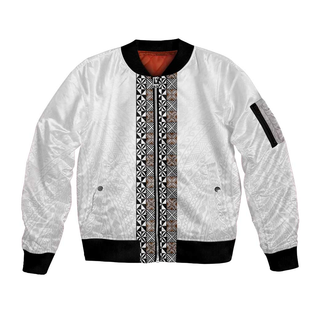 Light Gray Tongan Polynesian Tribal Sleeve Zip Bomber Jacket LT9 Unisex White - Polynesian Pride