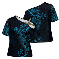 Black Blue Polynesian Tribal Cross Shoulder Shirt LT9 - Polynesian Pride