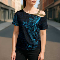 Black Blue Polynesian Tribal Cross Shoulder Shirt LT9 - Polynesian Pride