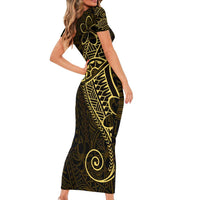 Black Gold Polynesian Tribal Short Sleeve Bodycon Dress LT9 - Polynesian Pride
