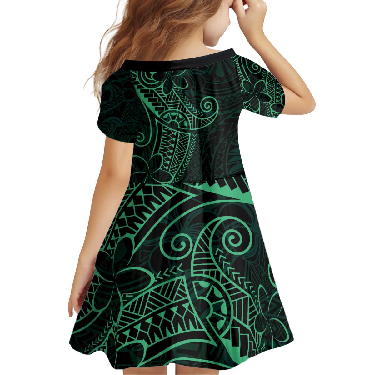 Black Green Polynesian Tribal Kid Short Sleeve Dress LT9 - Polynesian Pride