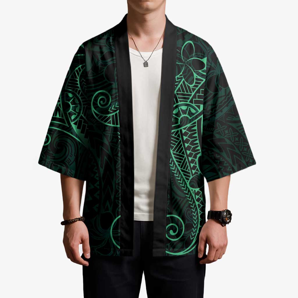 Black Green Polynesian Tribal Kimono LT9 - Polynesian Pride