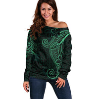 Black Green Polynesian Tribal Off Shoulder Sweater LT9 Women Green - Polynesian Pride
