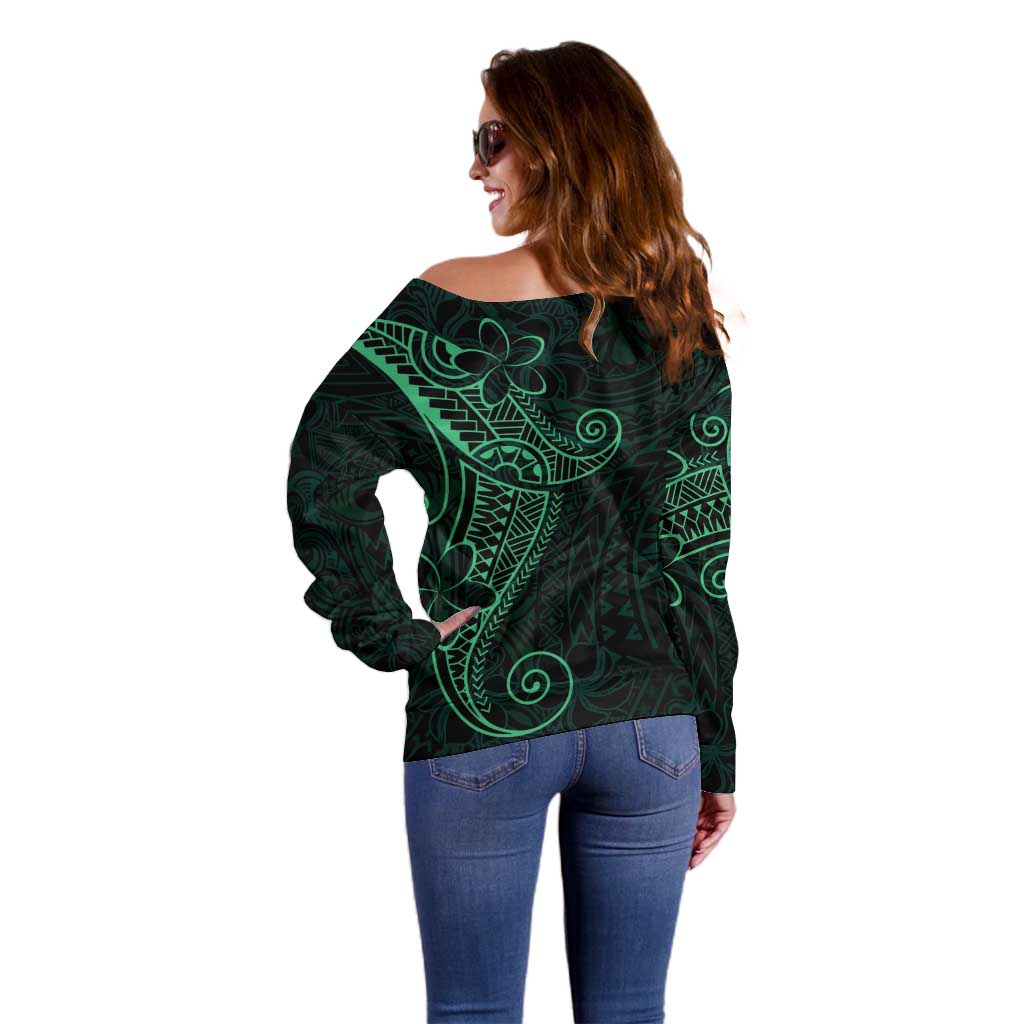 Black Green Polynesian Tribal Off Shoulder Sweater LT9 - Polynesian Pride