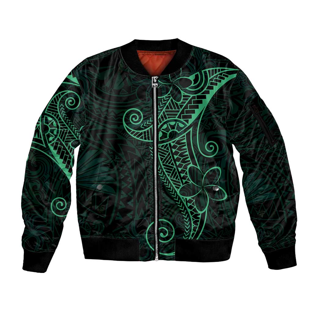 Black Green Polynesian Tribal Sleeve Zip Bomber Jacket LT9 Unisex Green - Polynesian Pride