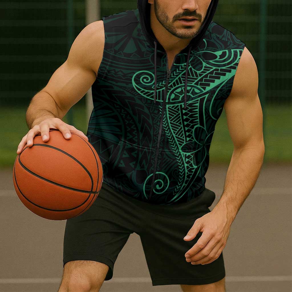 Black Green Polynesian Tribal Sleeveless Zip Hoodie LT9 - Polynesian Pride