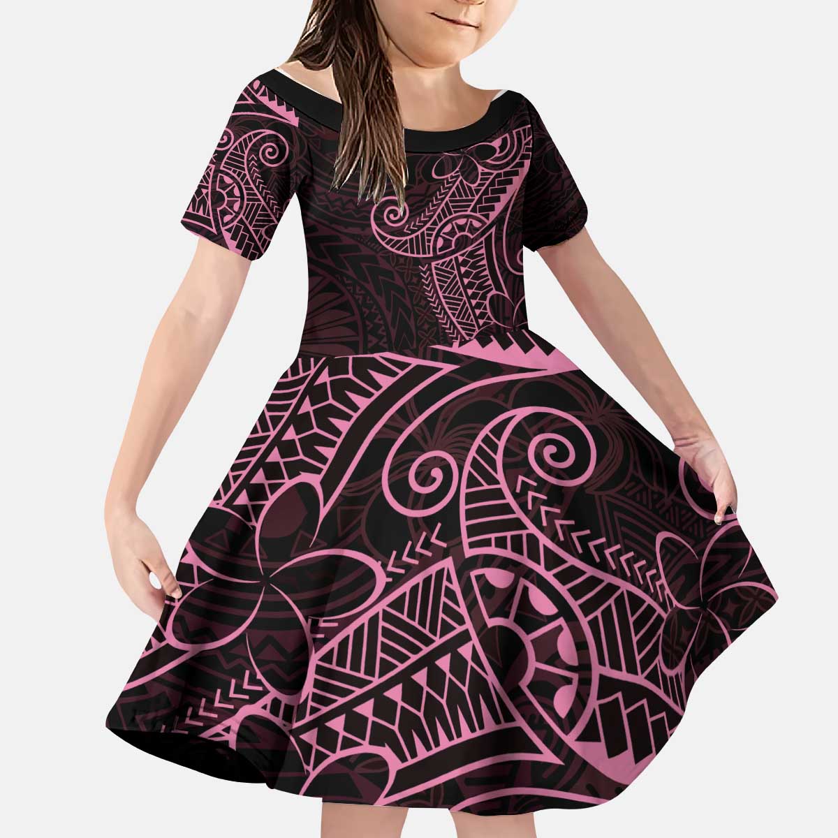 Black Pink Polynesian Tribal Kid Short Sleeve Dress LT9 KID Pink - Polynesian Pride