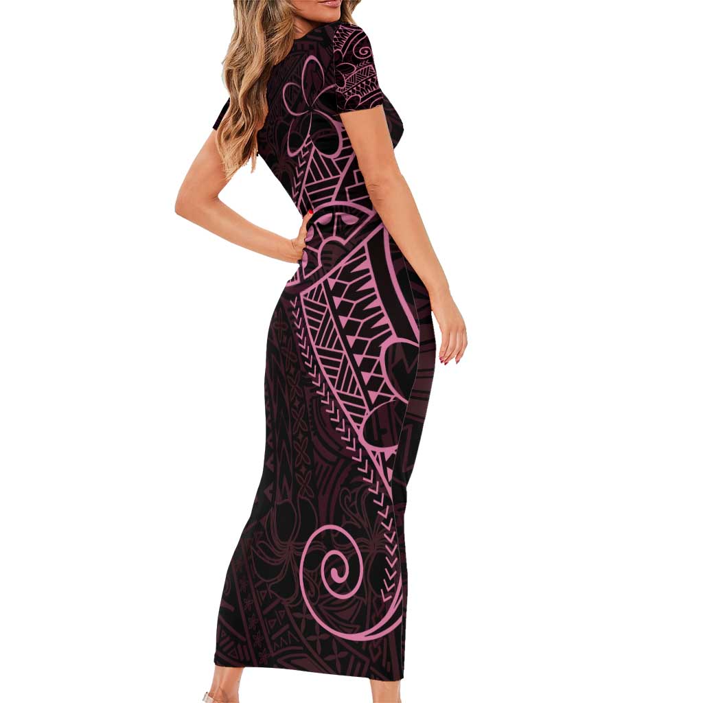 Black Pink Polynesian Tribal Short Sleeve Bodycon Dress LT9 - Polynesian Pride