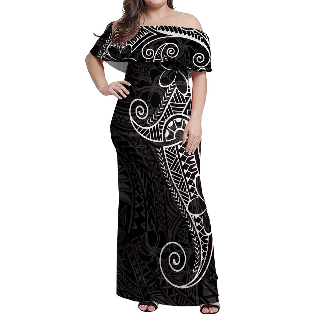 Black White Polynesian Tribal Off Shoulder Maxi Dress LT9 Women White - Polynesian Pride