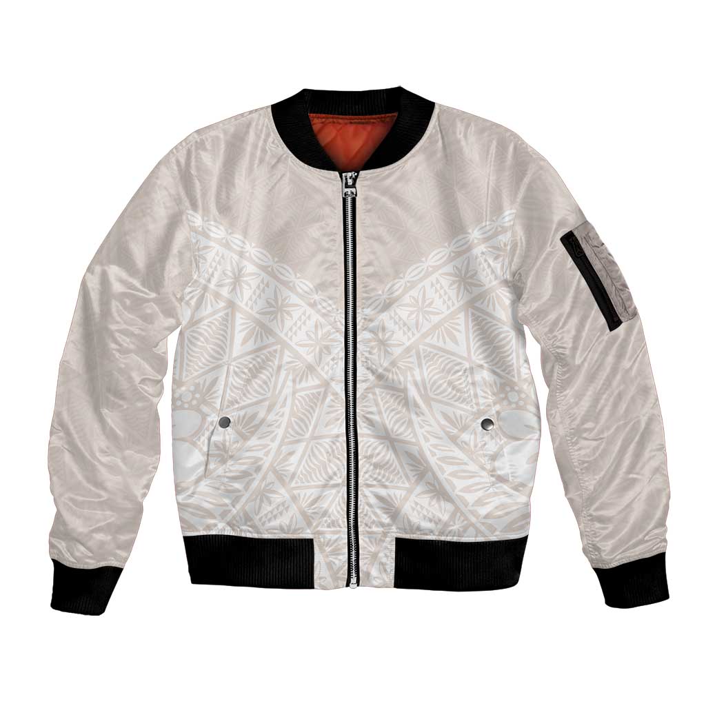 Lotu Tamaiti Tongan Polynesian Art Pattern Sleeve Zip Bomber Jacket Traditional Tribal Motifs LT9 Unisex White - Polynesian Pride