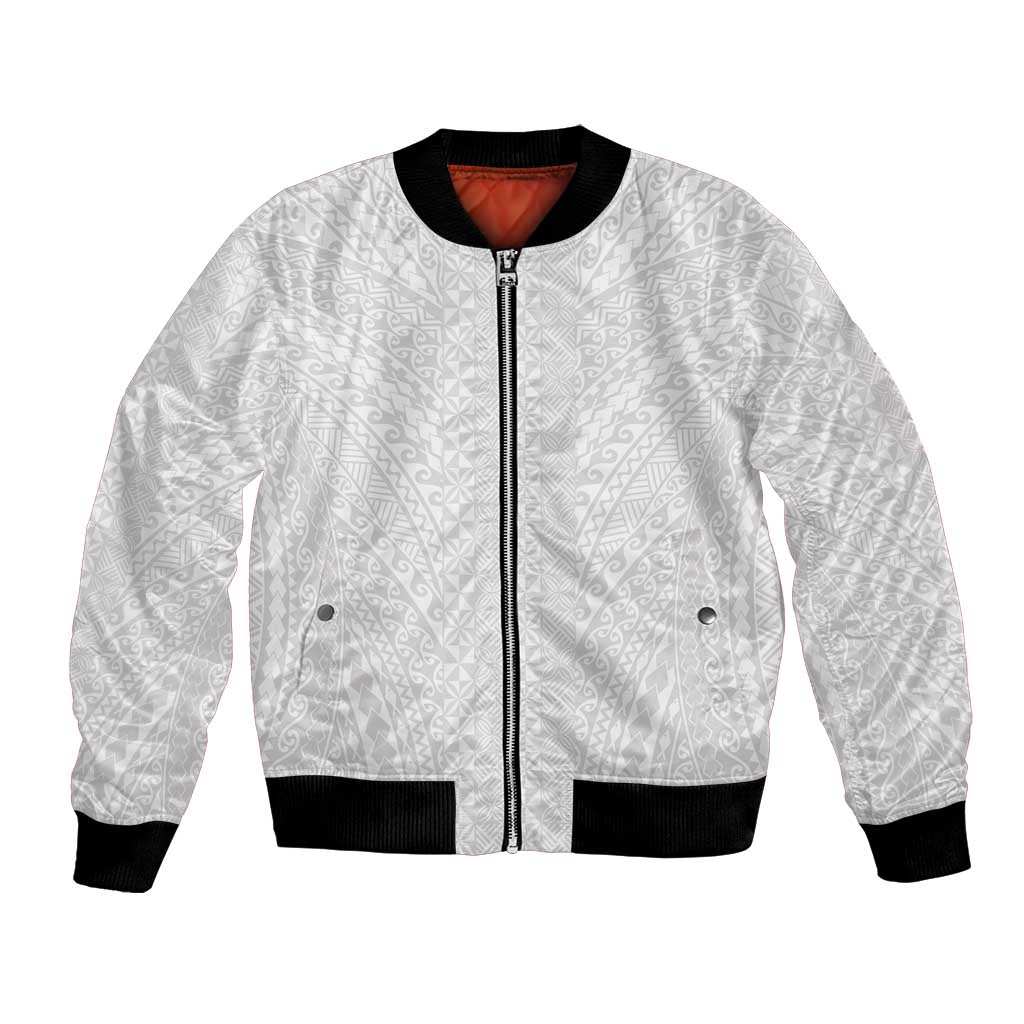 Lotu Tamaiti White Tongan Ngatu Bomber Jacket Polynesian Tribal Fonulei Pattern LT9 Unisex White - Polynesian Pride