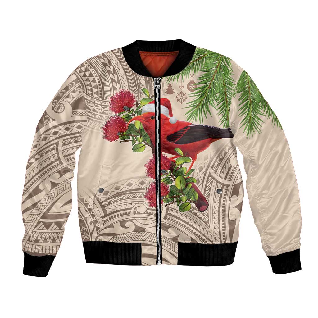Christmas Hawaii with I'iwi Bird Bomber Jacket Aloha Mele Kalikimaka - Beige Art LT9 Unisex Beige - Polynesian Pride