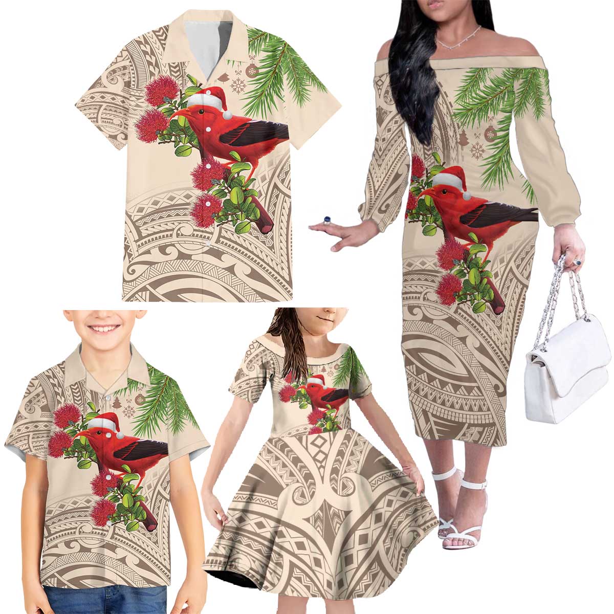 Christmas Hawaii with I'iwi Bird Family Matching Off The Shoulder Long Sleeve Dress and Hawaiian Shirt Aloha Mele Kalikimaka - Beige Art