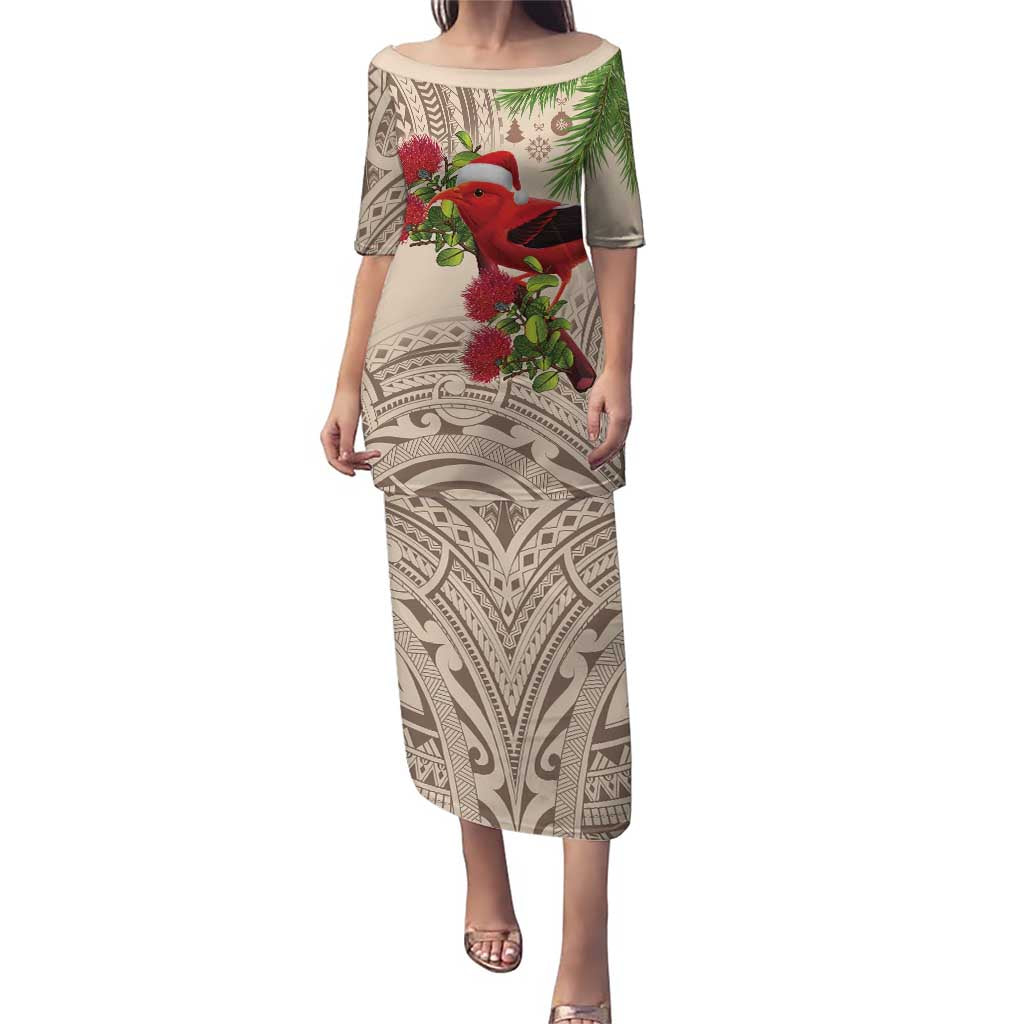 Christmas Hawaii with I'iwi Bird Puletasi Aloha Mele Kalikimaka - Beige Art LT9 Long Dress Beige - Polynesian Pride